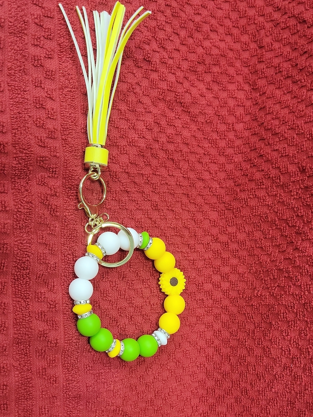 Beaded Tassel Keychain Bracelet - Yellow, Green & White